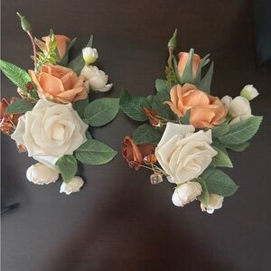 2 Silk  floral corsages  with White and Orange Roses